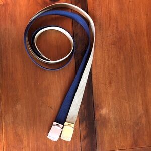 Blue and Tan Belt with Silver and gold Buckle